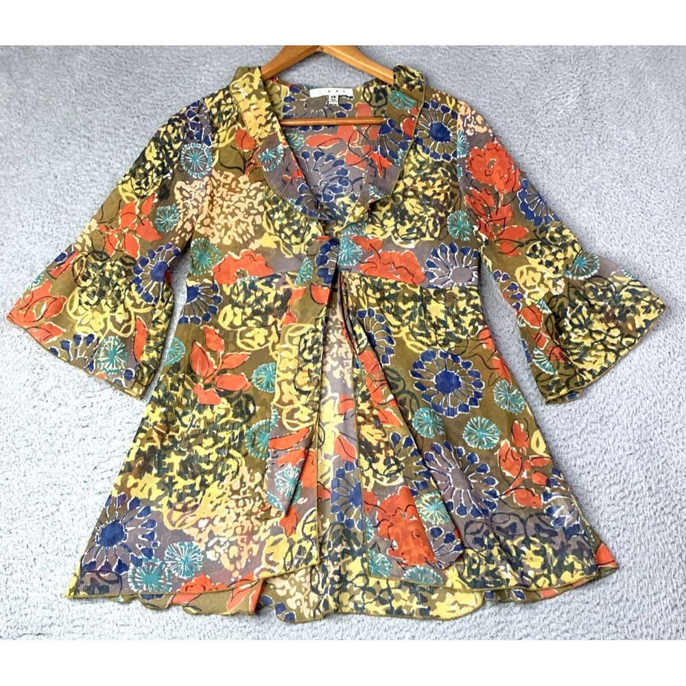 CAbi Blooming Blouse Womens Size  XSmall Floral Sheer Front Tie Multicolor